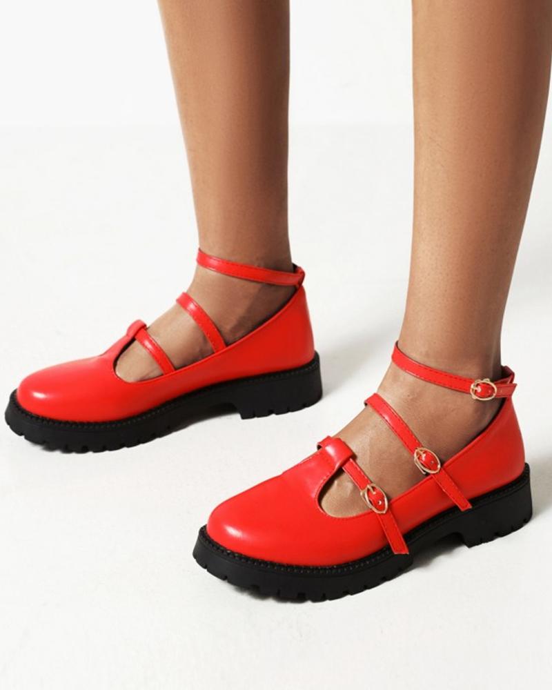 

Womens Vintage T-Strap Cut Out Round Toe Shoes, Red