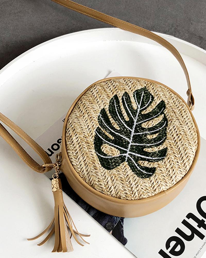

Pineapple Embroidery Tassel Round Straw Crossbody Bag, Green