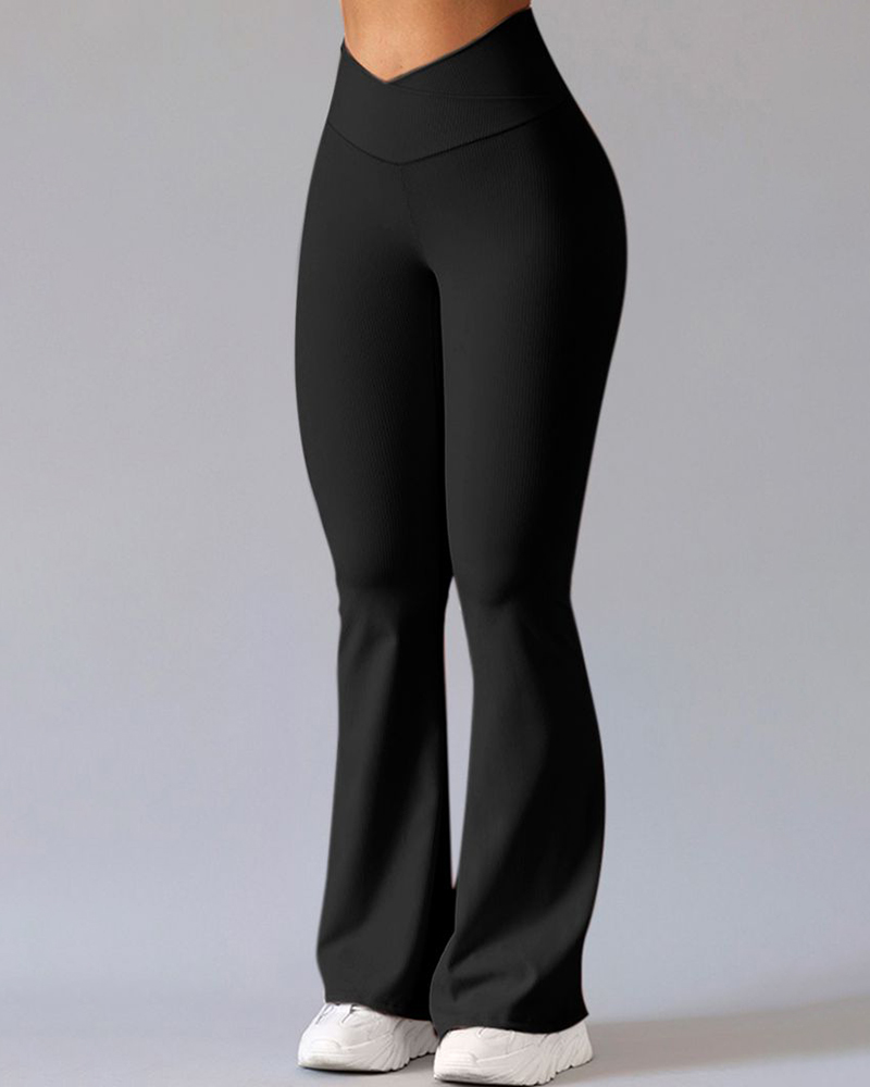 

Overlap Waist Flared Yoga Pants, Black