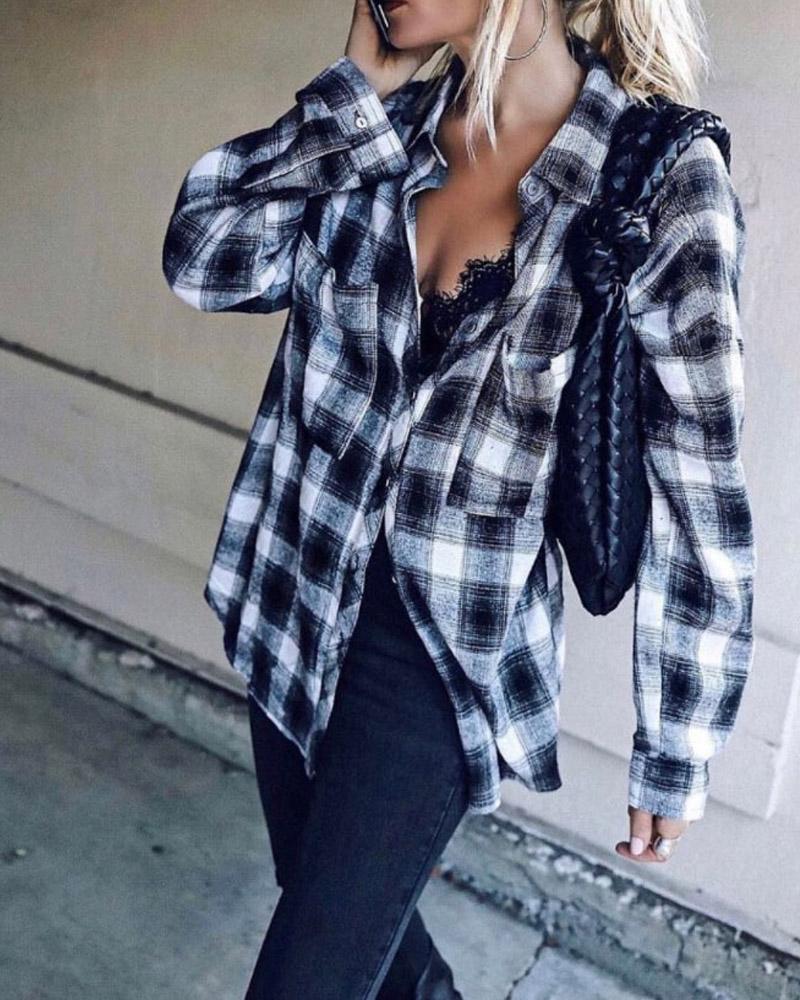 

Plaid Print Patch Pocket Button Down Shirt, Black