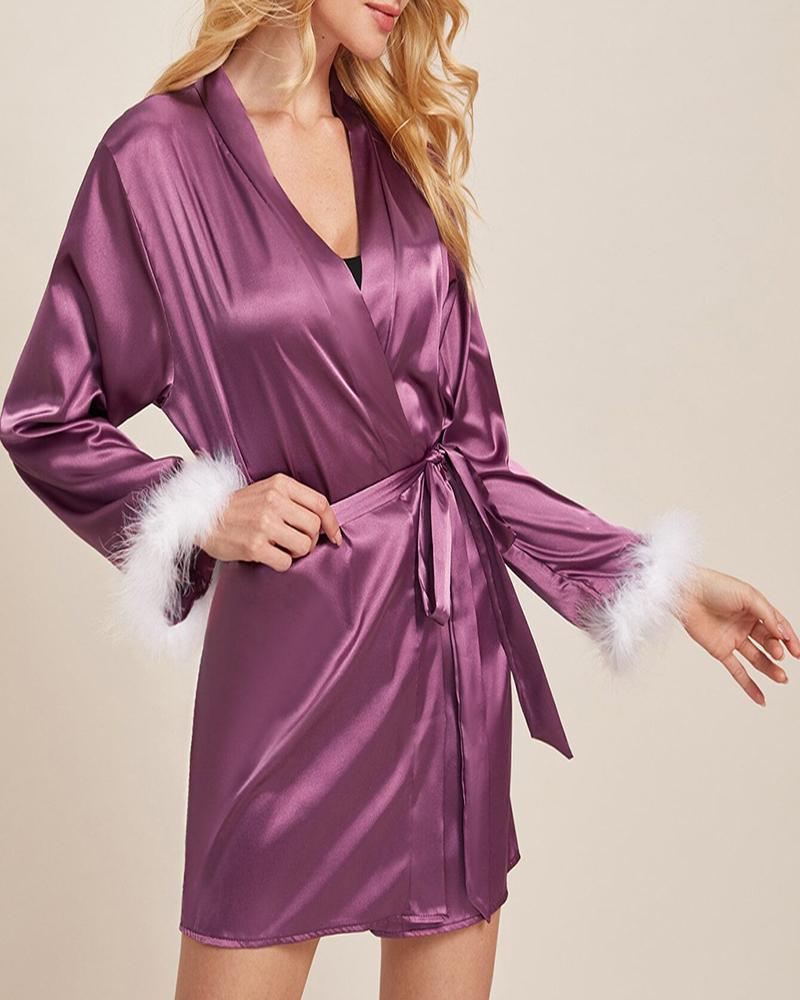 

Tied Detail Satin Open Front Feather Decor Robe, Purple