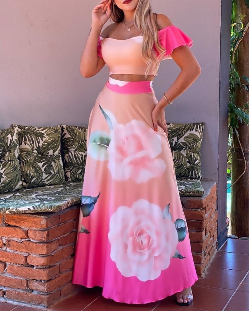 

Floral Print Colorblock Off Shoulder Crop Top & Maxi Skirt Sets, Pink