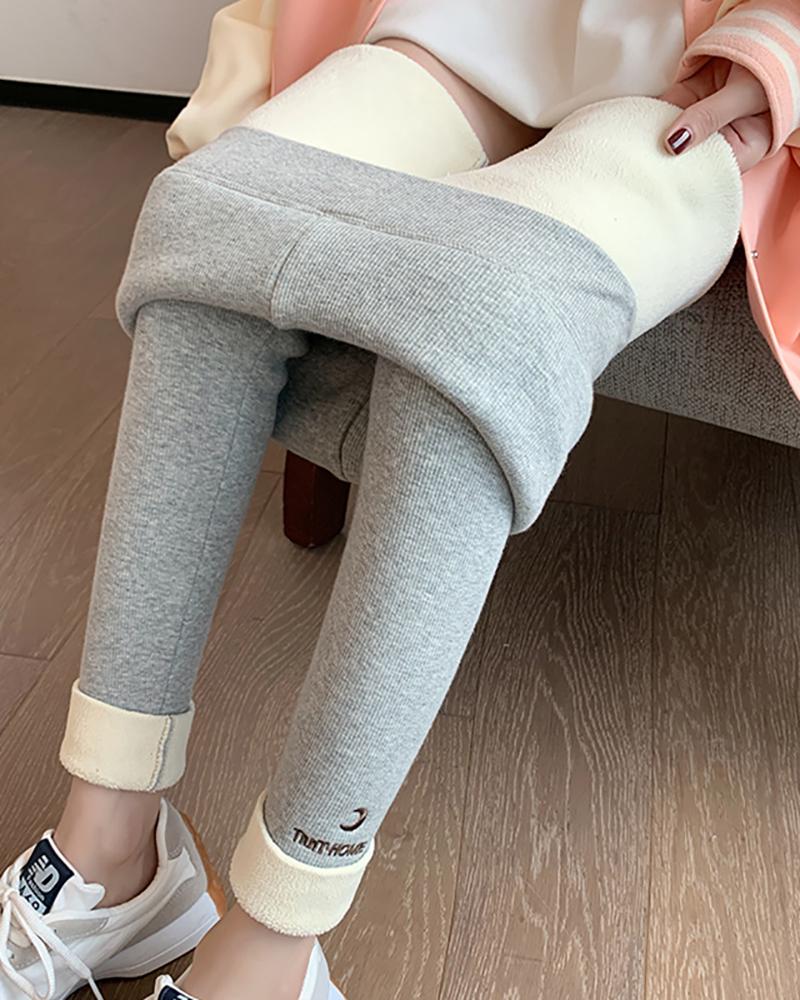 

Moon Letter Embroidery Thermal Lined Leggings, Gray