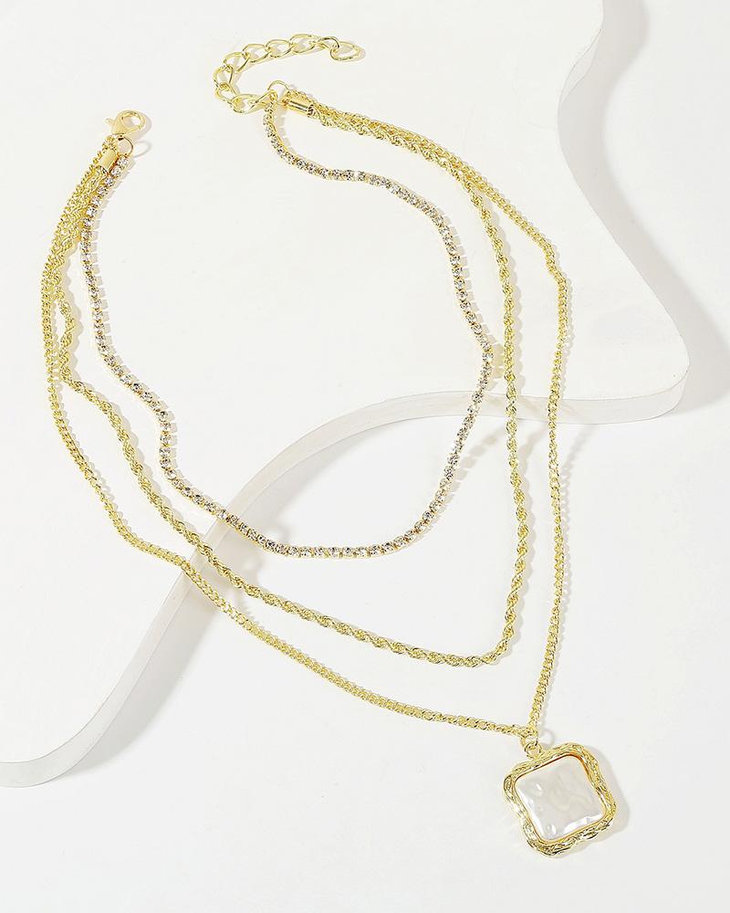 

Rhinestone Decor Square Shaped Pearl Pendant Necklace, Gold