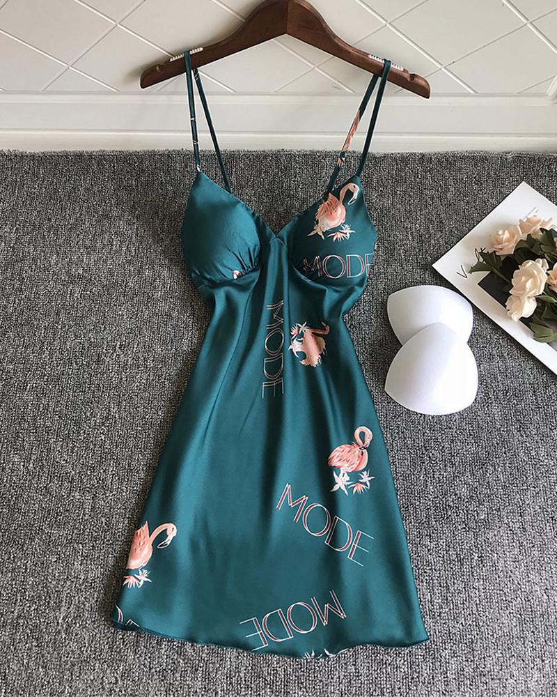 

Flamingo Letter Print Satin Padded Babydoll, Dark green