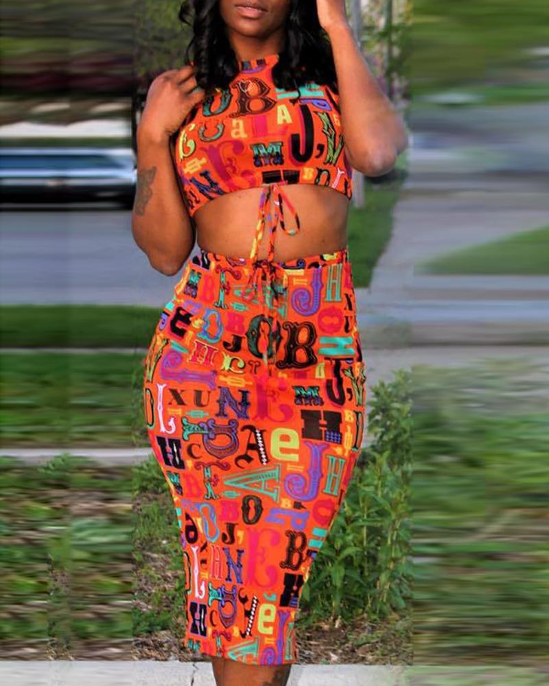 

Letter Print Sleeveless Top & Skirt Set, Orange