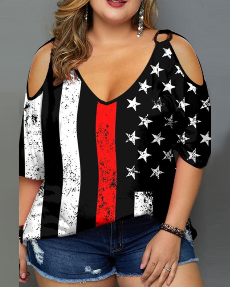 

Plus Size Flag Print O-Ring Cold Shoulder T-shirt, Black