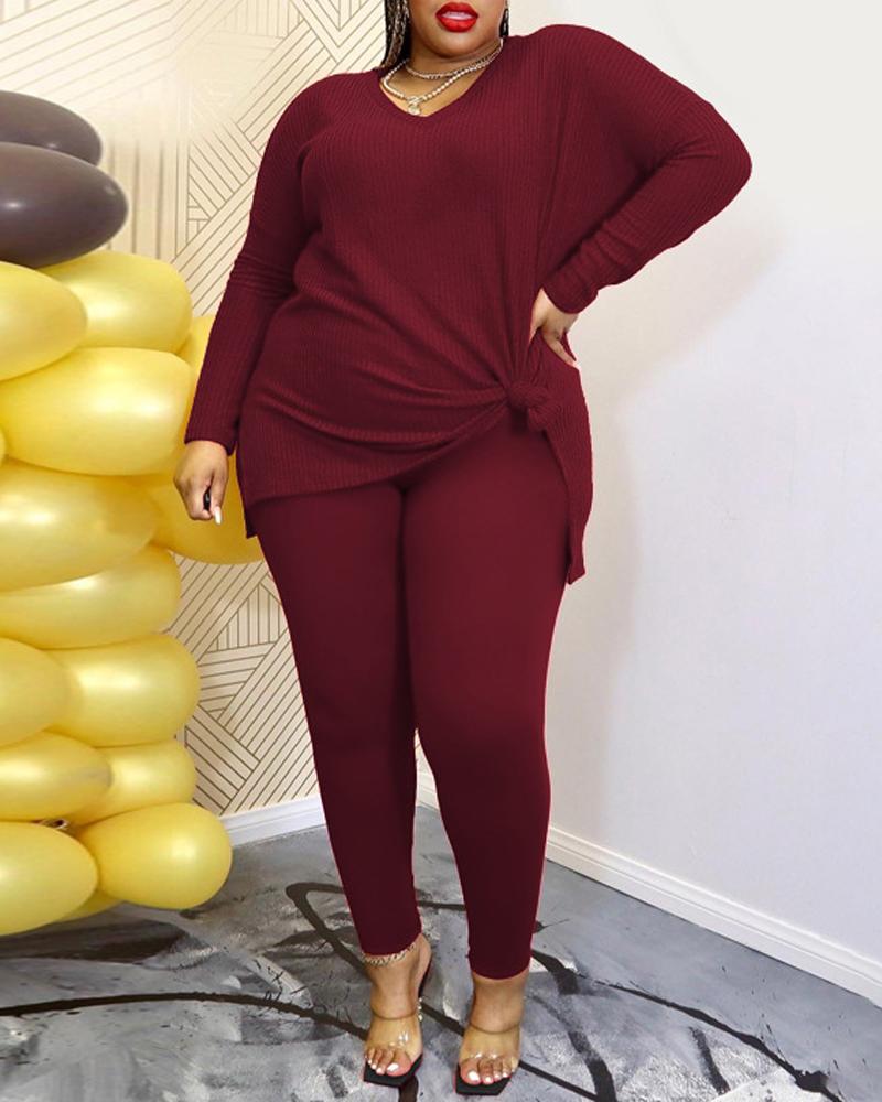 

Plus Size Split Hem Long Sleeve Top & Pants Set, Wine red