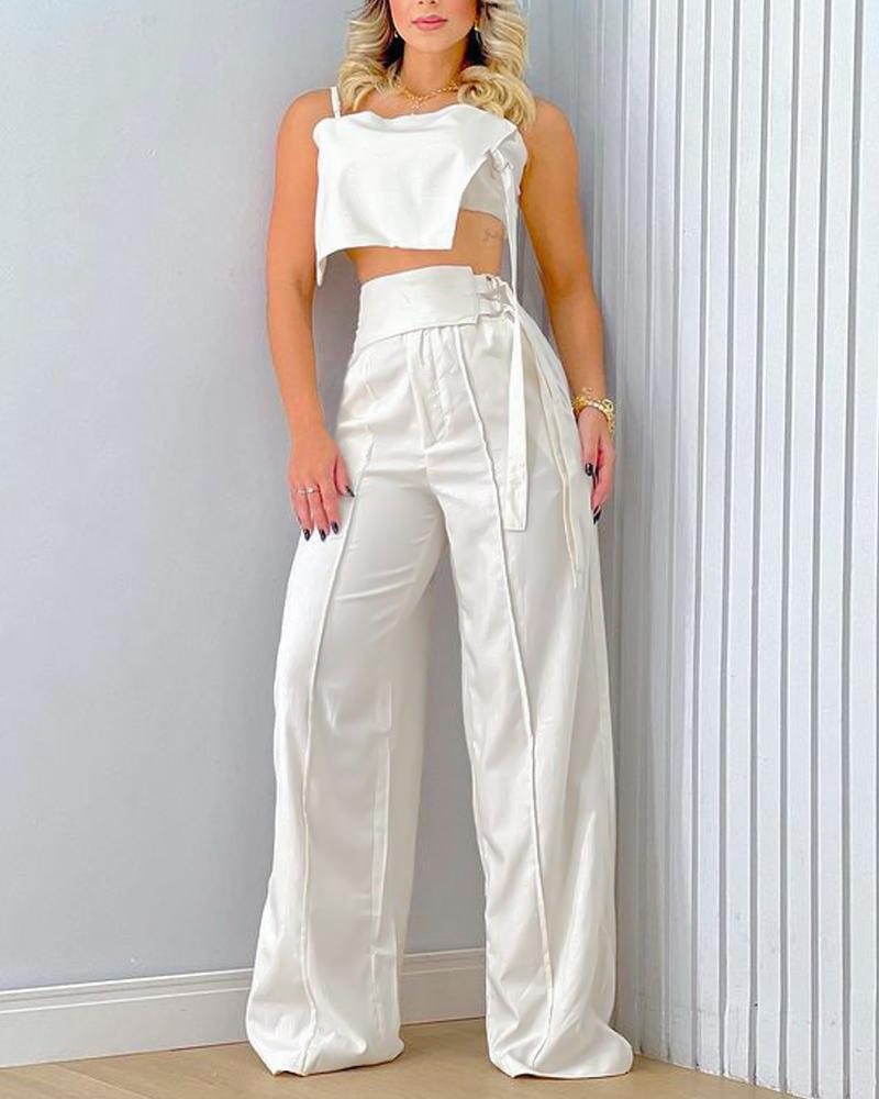 

Buckle Detail Crop Cami Top & High Waist Pants Set, White