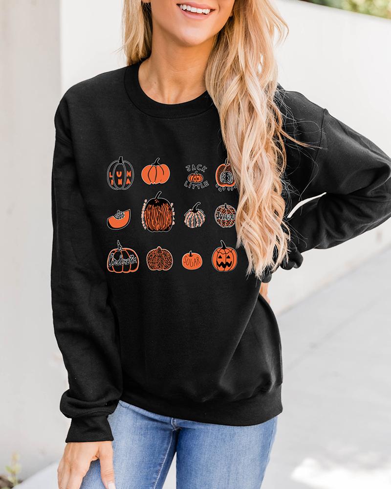 

Halloween Pumpkin Print O Neck Long Sleeve Sweatshirt, Black