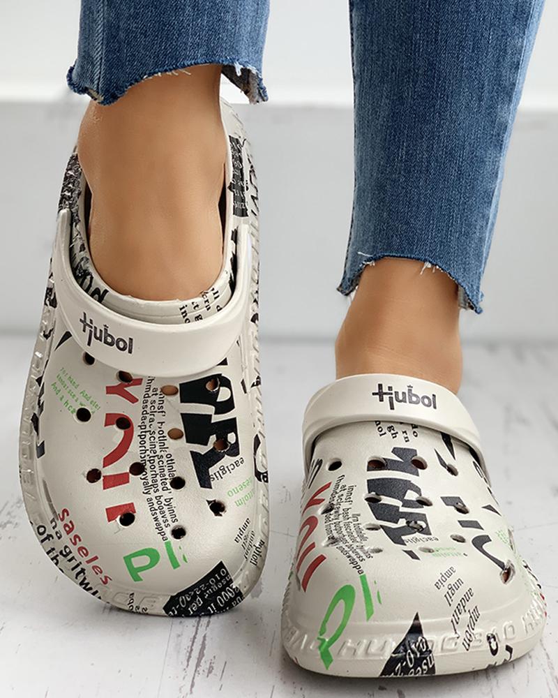 

Letter Print Hollow Out Flat Sandals, Black