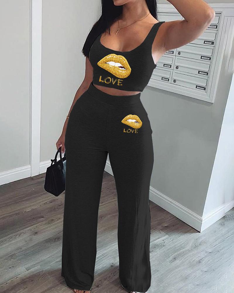

Lip Pattern Crop Tank Top & Pants Set, Black