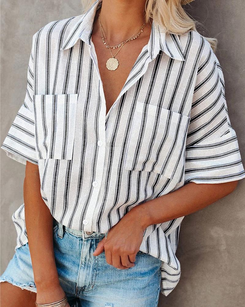 

Striped Button Front Pocket Design Shirt, White