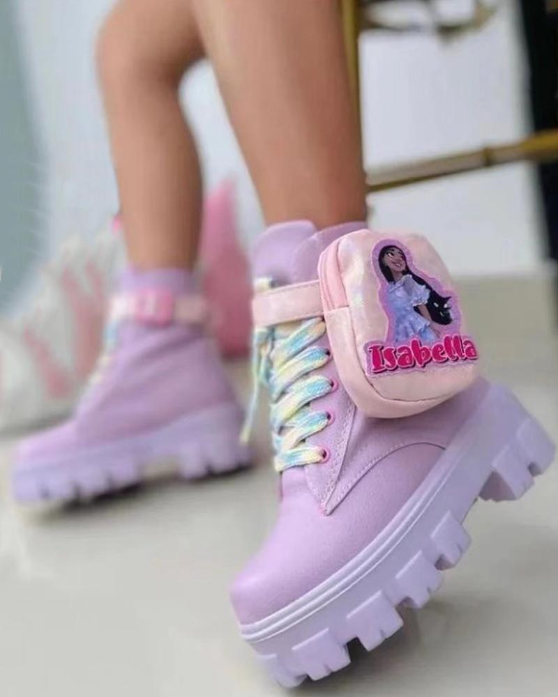 

Cartoon Pocket Pattern Lace-up Ankle Boots, Purple