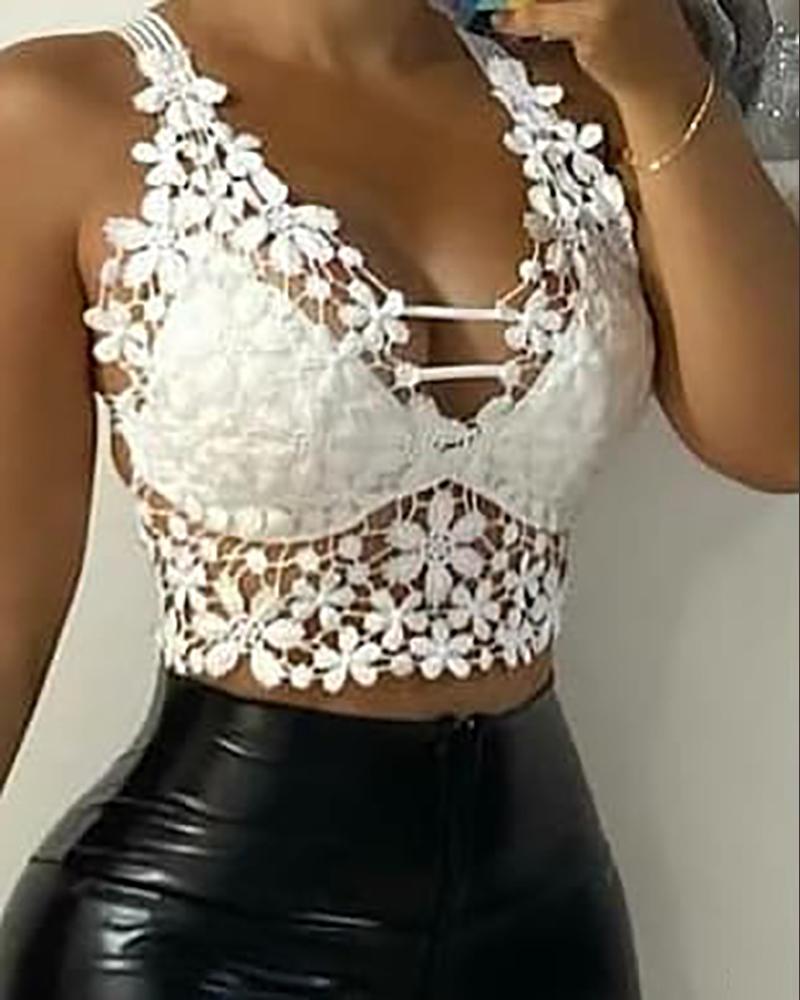 

Plunge Sleeveless Guipure Lace Crop Top, White