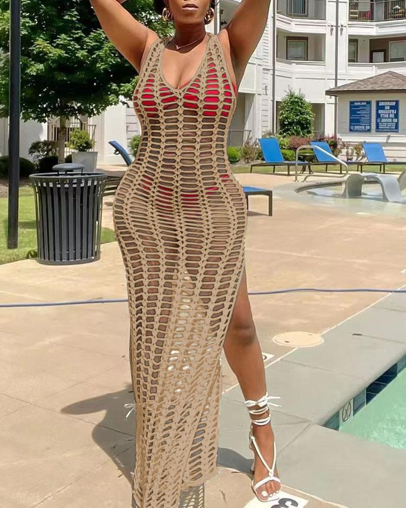 

Hollow Out High Slit Crochet Cover Up Beach Dress, Khaki