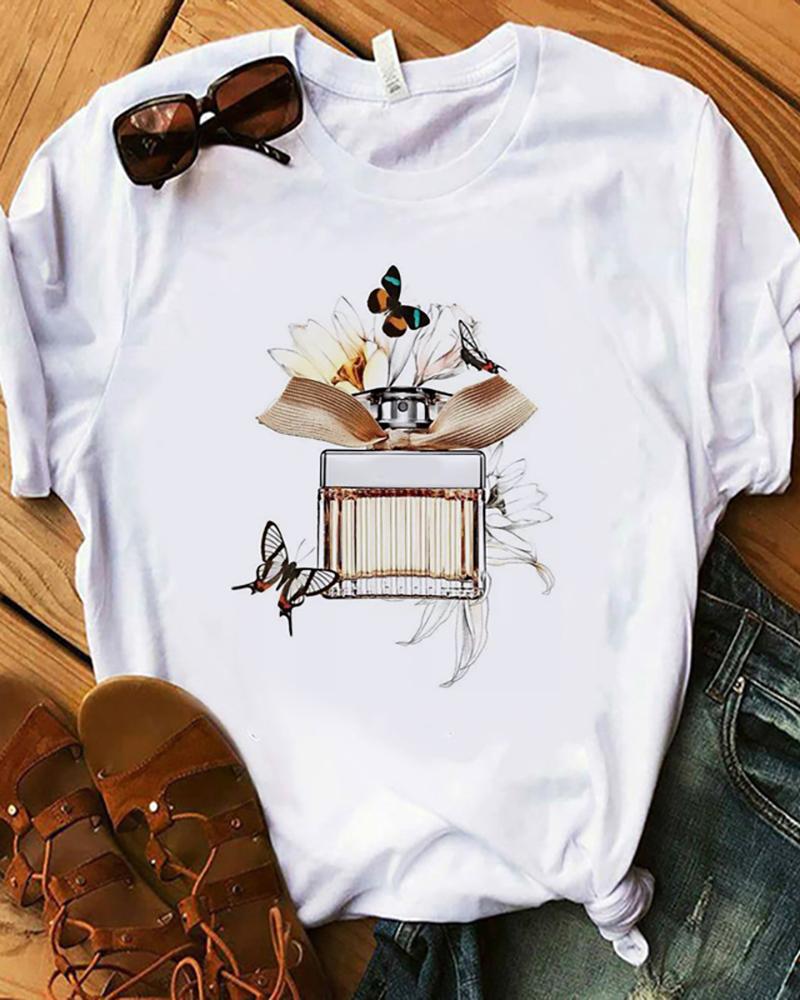 

Letter / Floral / Flamingo / Lip / Butterfly / Graphic Print Short Sleeve T-Shirt, Style8