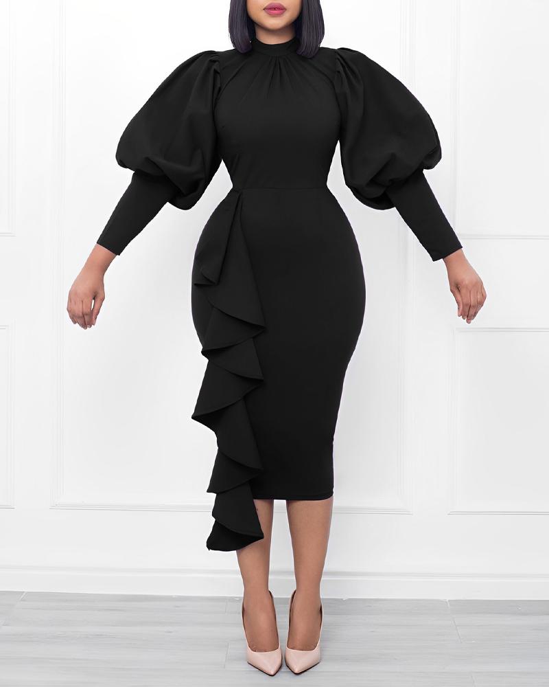 

Ruffle Detail Gigot Sleeve Party Dress, Black