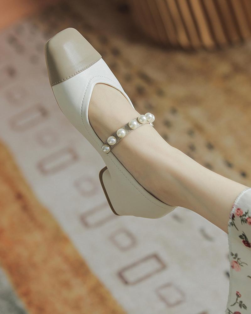 

Square-toe Color Block Splicing Chain Jenny Shoes, Khaki