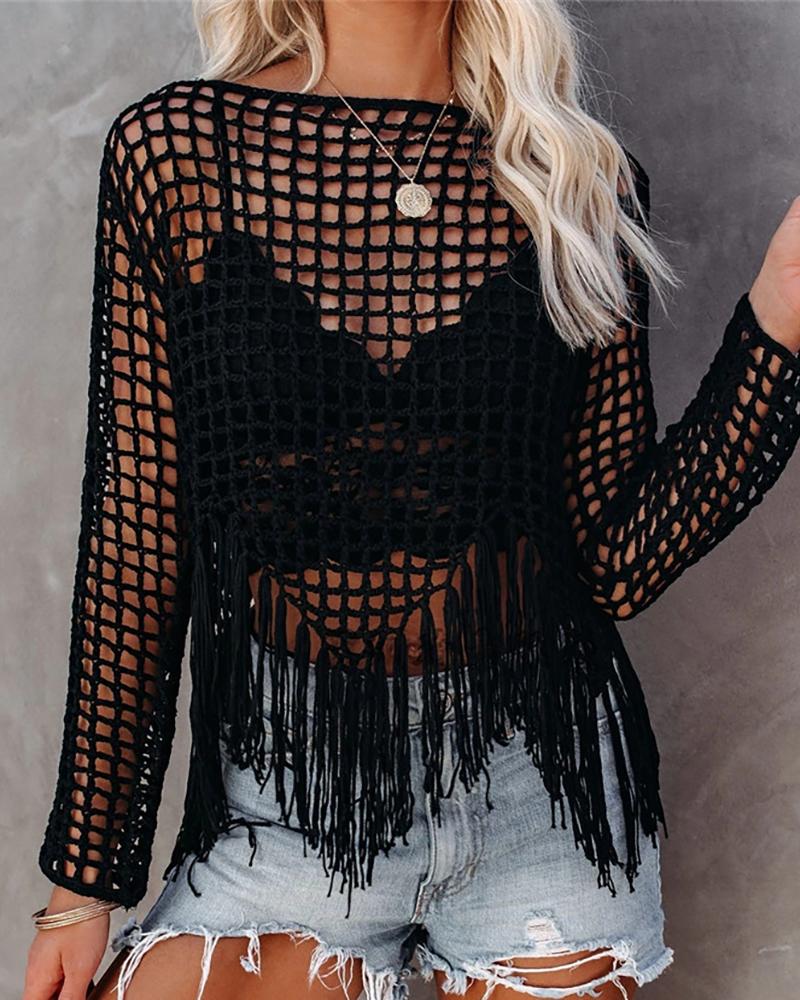 

Tassel Hem Knit Hollow Out Cover Up, Black
