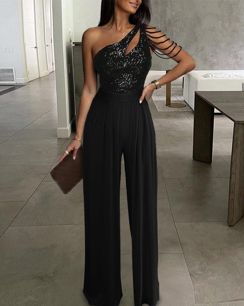 

Cutout One Shoulder Contrast Sequin Jumpsuit, Black