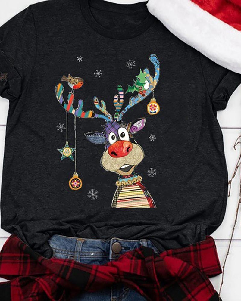 

Christmas Moose Print Casual T-shirt, Black