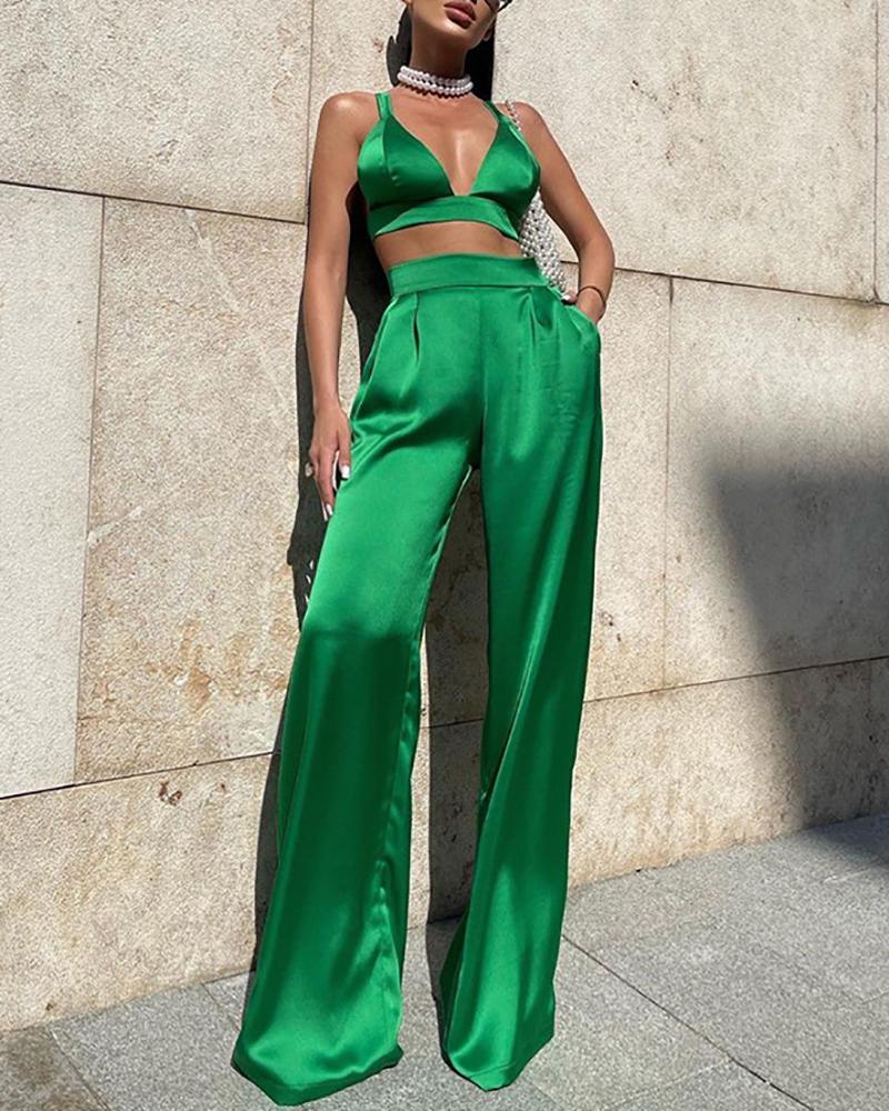 

V Neck Sleeveless Crop Top & Wide Leg Pants Set, Green