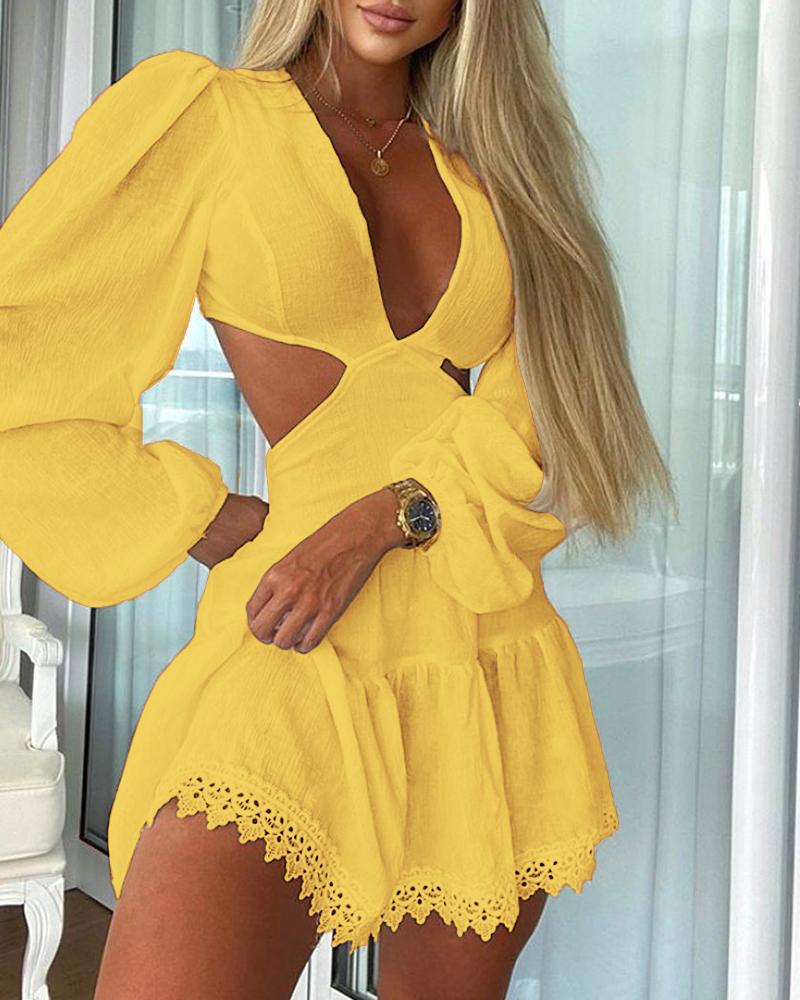 

Lace Trim Cutout Puff Sleeve Plunge Dress, Yellow