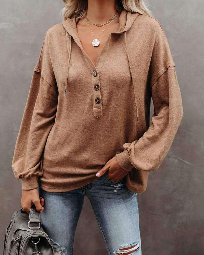

Long Sleeve Button Front Hoodie, Coffee