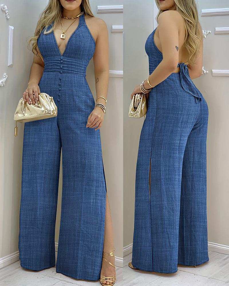 

Split Hem Halter Backless Jumpsuit, Blue