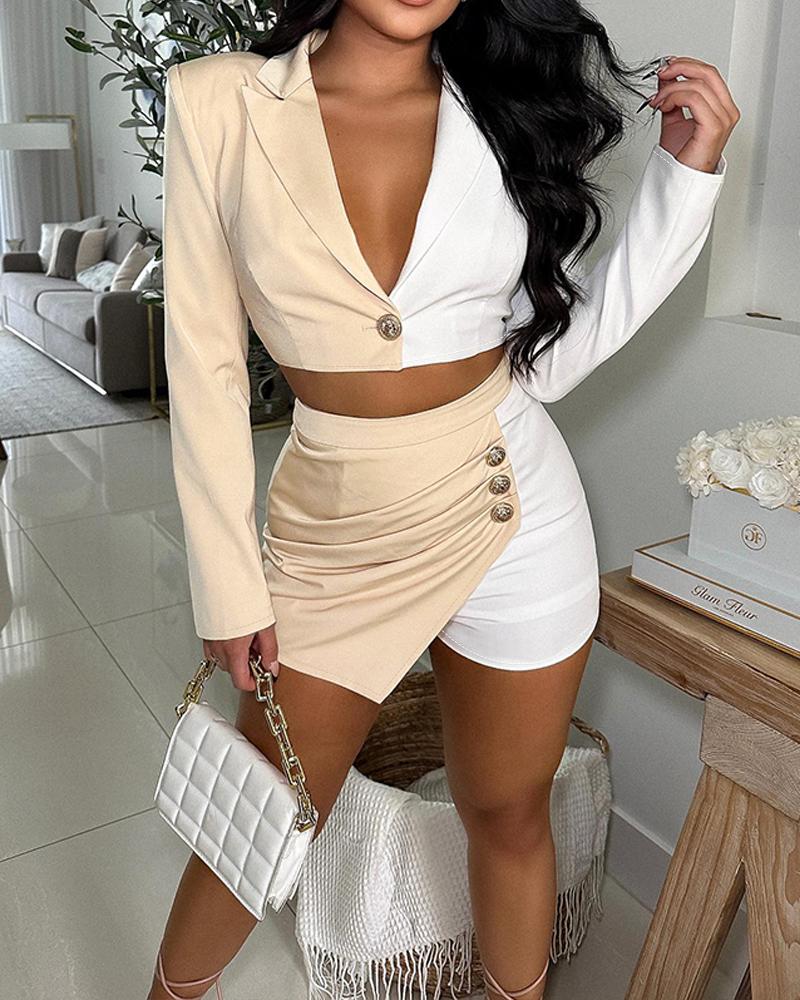 

Colorblock Crop Blazer Coat & Ruched Asymmetrical Shorts Set, Apricot