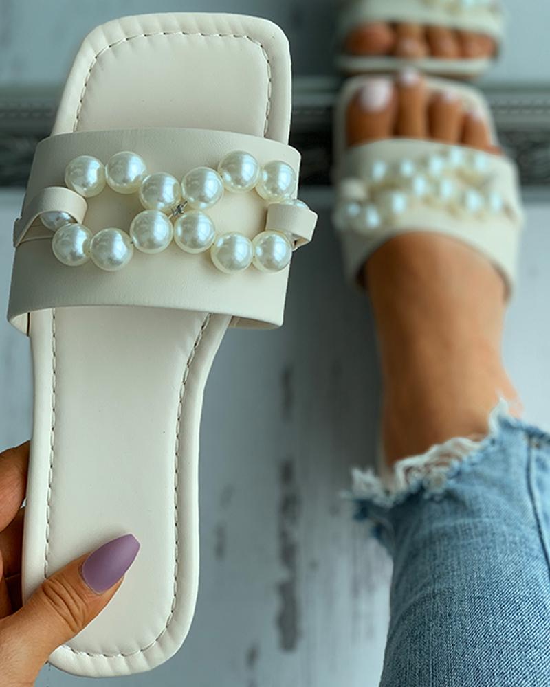 

Beaded Decor Square Toe Slide Slippers, Beige