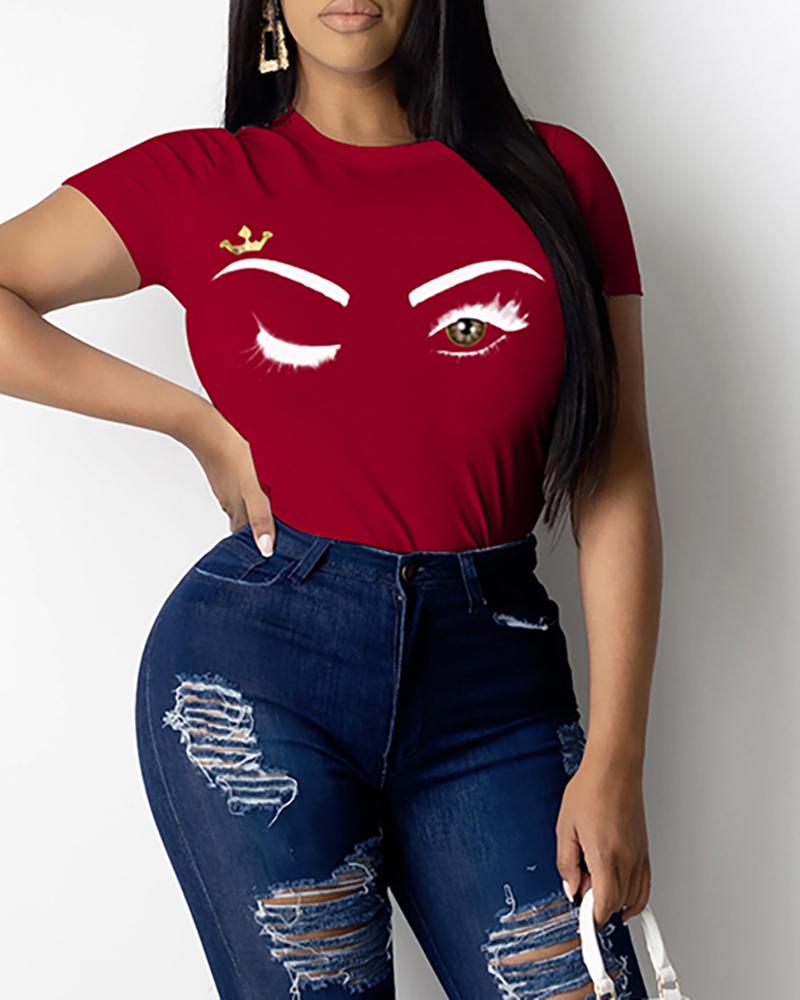 

Eyes Print Short Sleeve Casual T-shirt, Red
