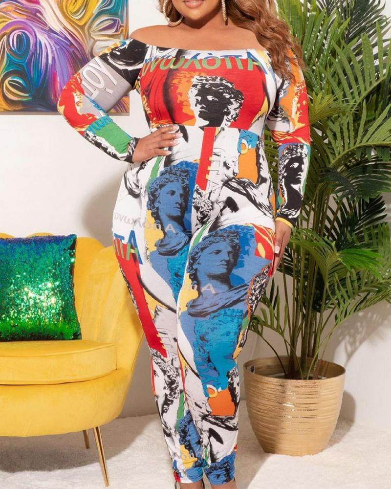 

Graphic Print Off Shoulder Jumpsuit, Multicolor