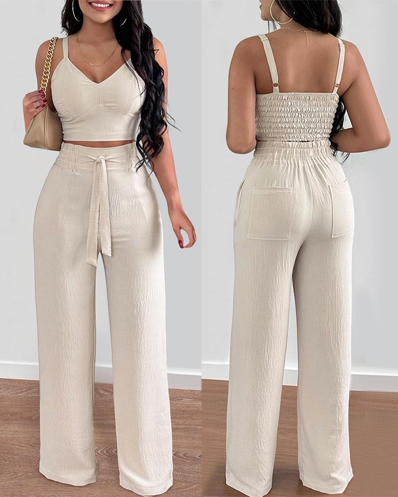 

Shirred Crop Top & Pocket Design Wide Leg Pants Set, Beige