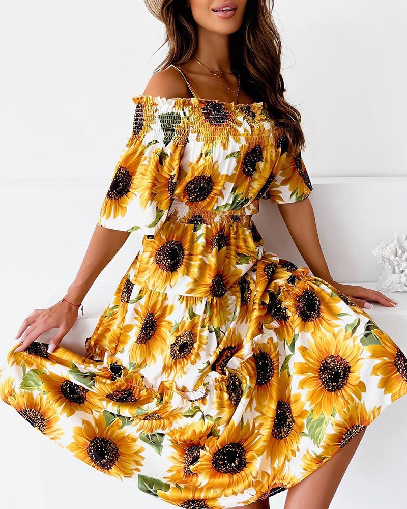 

Sunflower Print Cold Shoulder Shirred Swing Dress, Yellow