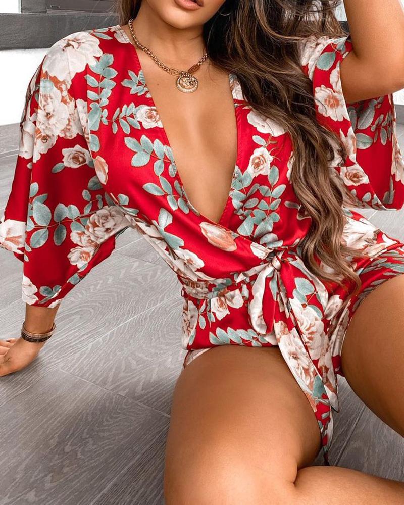 

Floral Print Plunge Tied Detail Half Sleeve Romper, Red