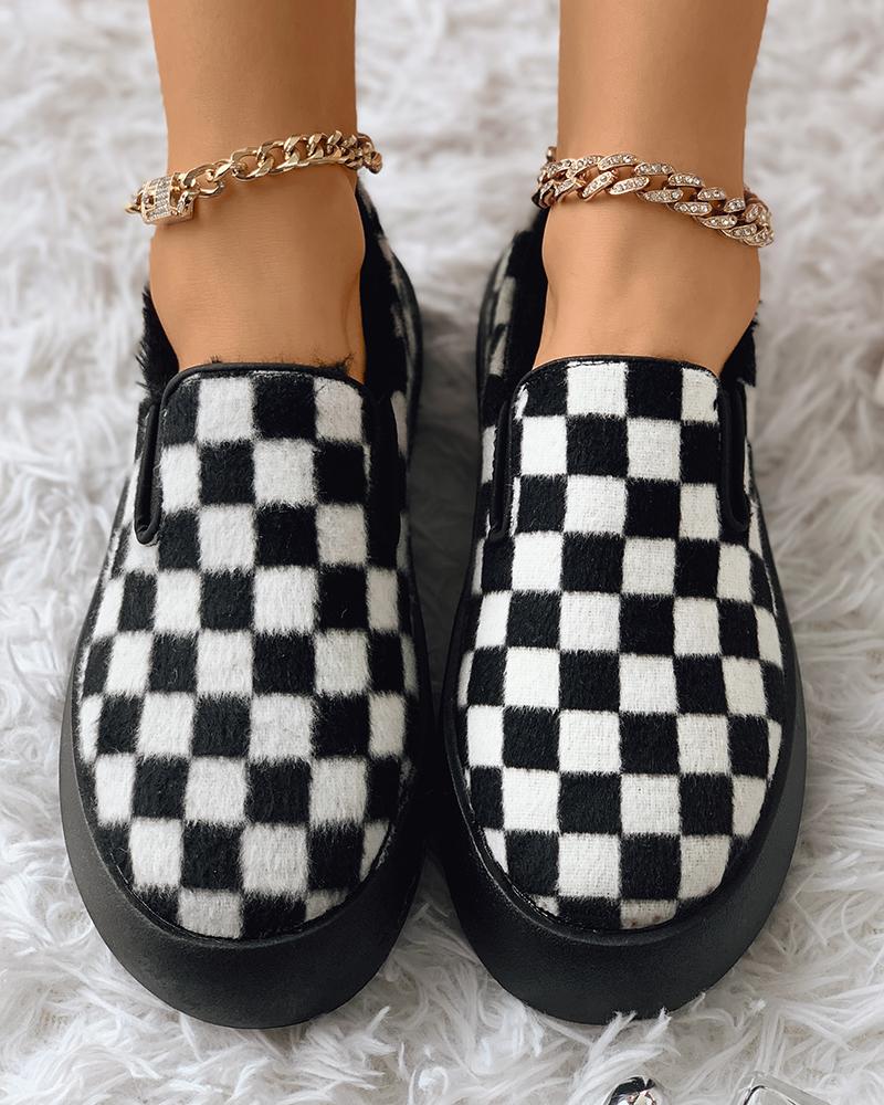 

Fluffy Checkerboard Pattern Slip On Shoes, Black