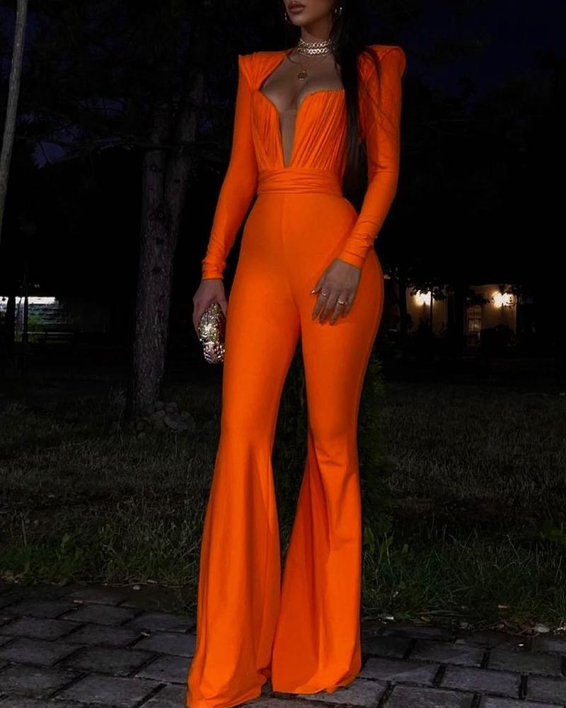 

Padded Shoulder Plunge Ruched Jumpsuit, Orange
