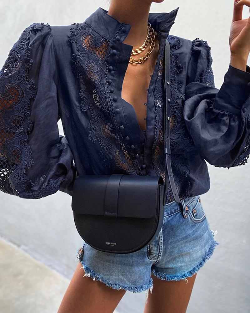 

Contrast Lace Button Front Blouse, Blue