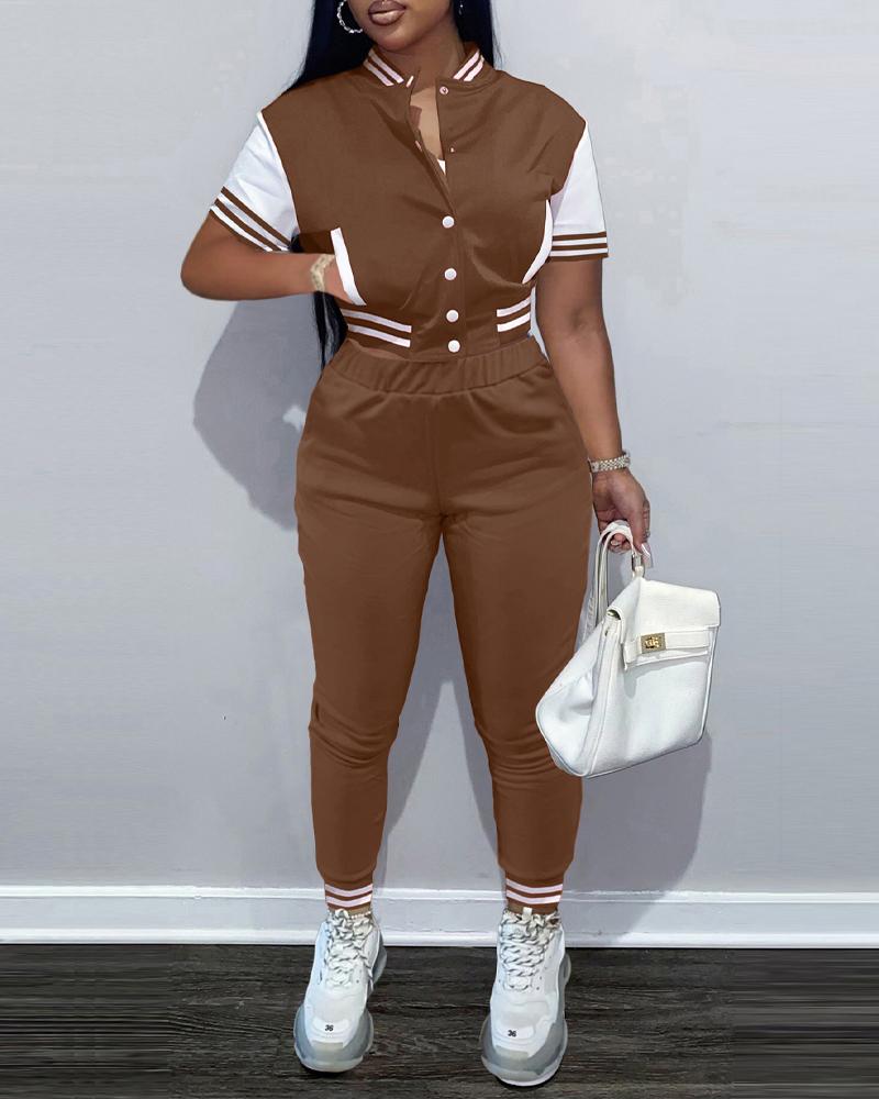 

Contrast Paneled Button Front Crop Top & Pants Set, Brown