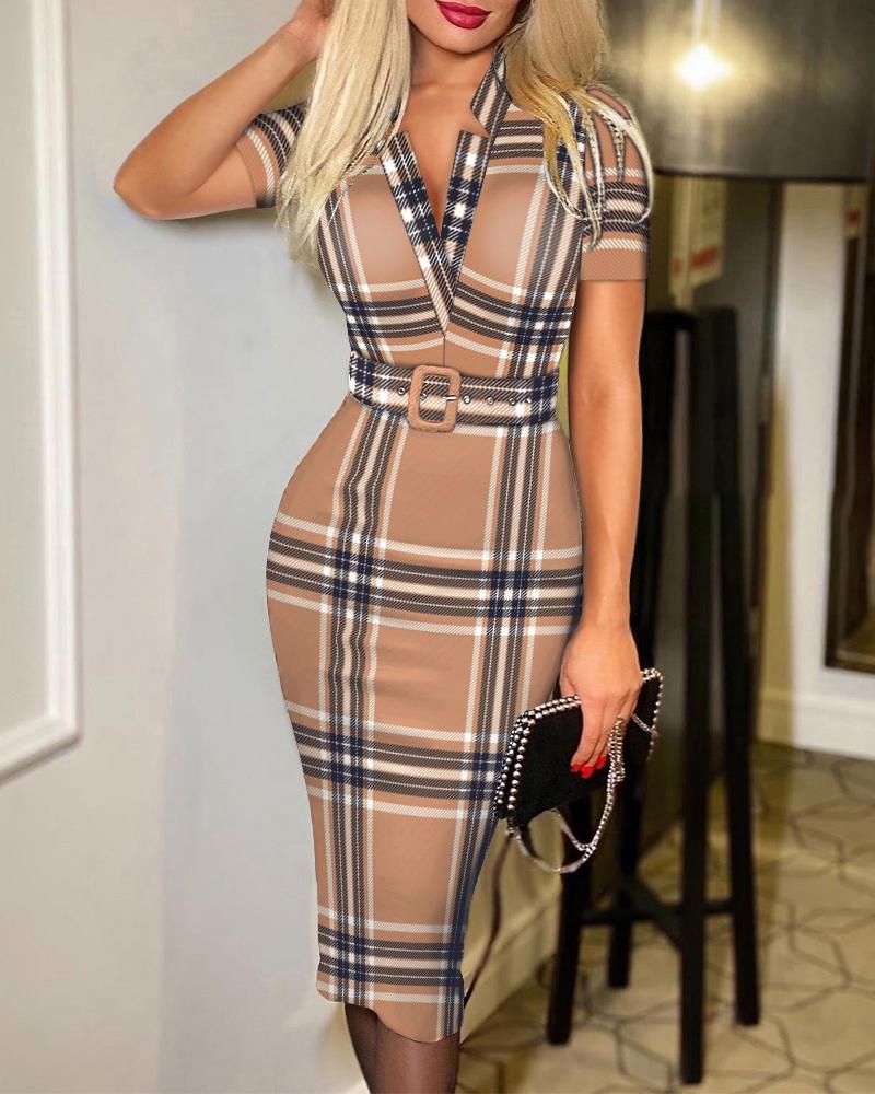 

Plaid Print V-Cut Work Dress With Belt, Khaki