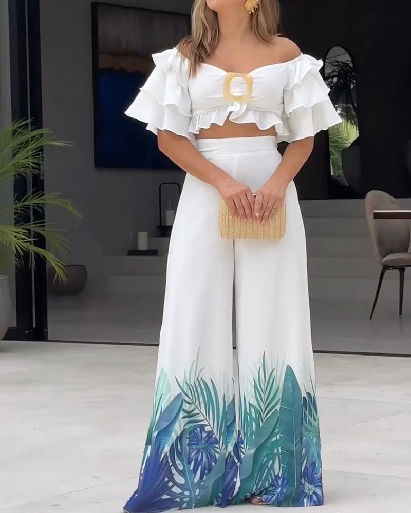 

Ruffle Hem Buckled Top & Palm Leaf Print Pants Set, White