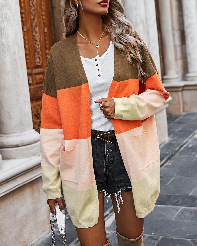 

Colorblock Pocket Design Long Sleeve Cardigan, Brown