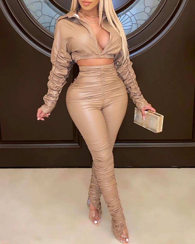 

PU Leather Ruched Crop Top & High Waist Pants Set, Apricot