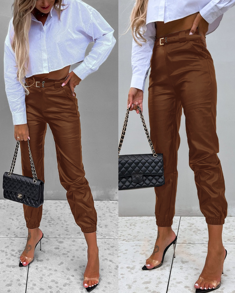 

PU Leather High Waist Cuffed Pants, Chocolate