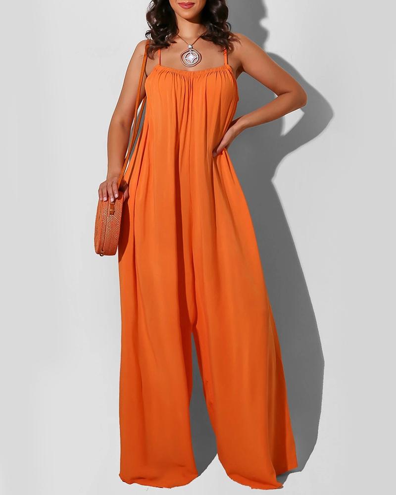 

Spaghetti Strap Square Neck Plain Jumpsuit, Orange