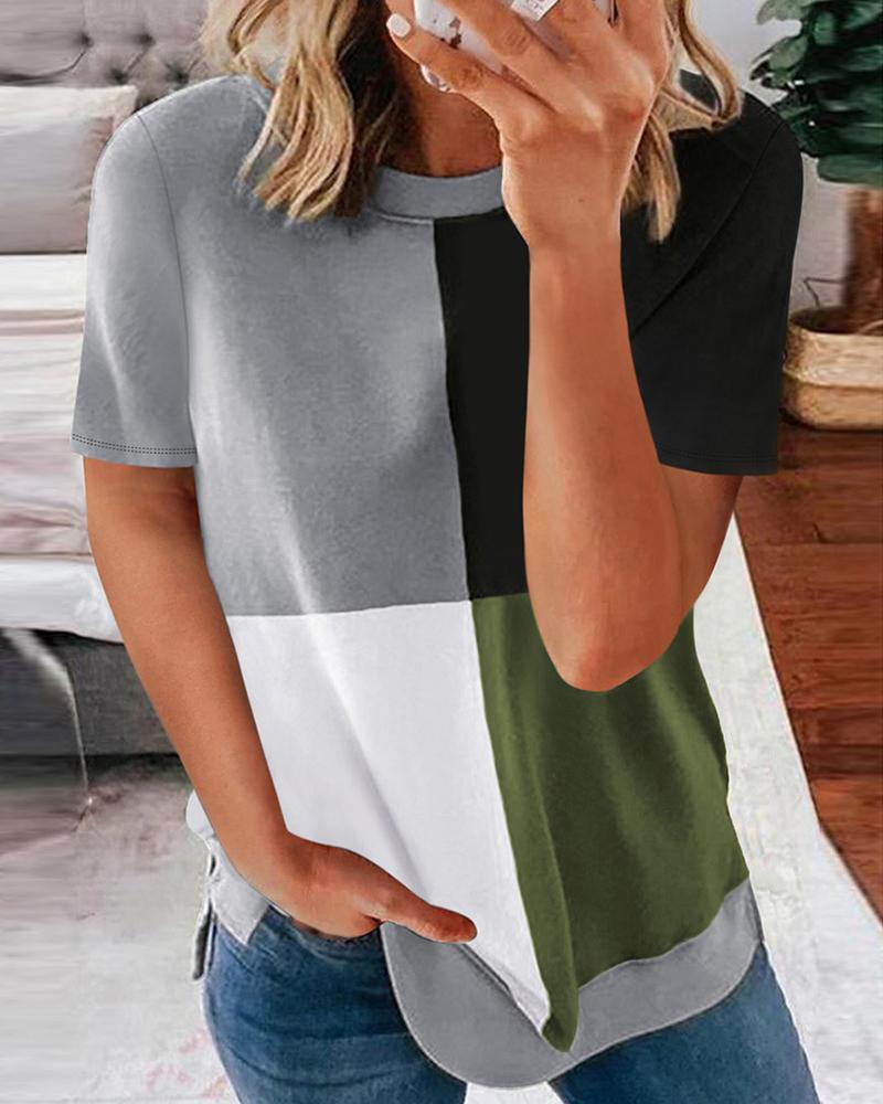 

Casual Color Block Short Sleeve T-shirt, Green