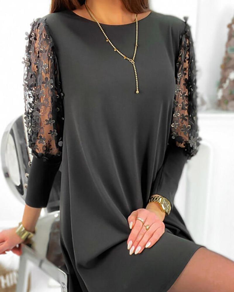 

Guipure Lace Patch Lantern Sleeve Casual Dress, Black