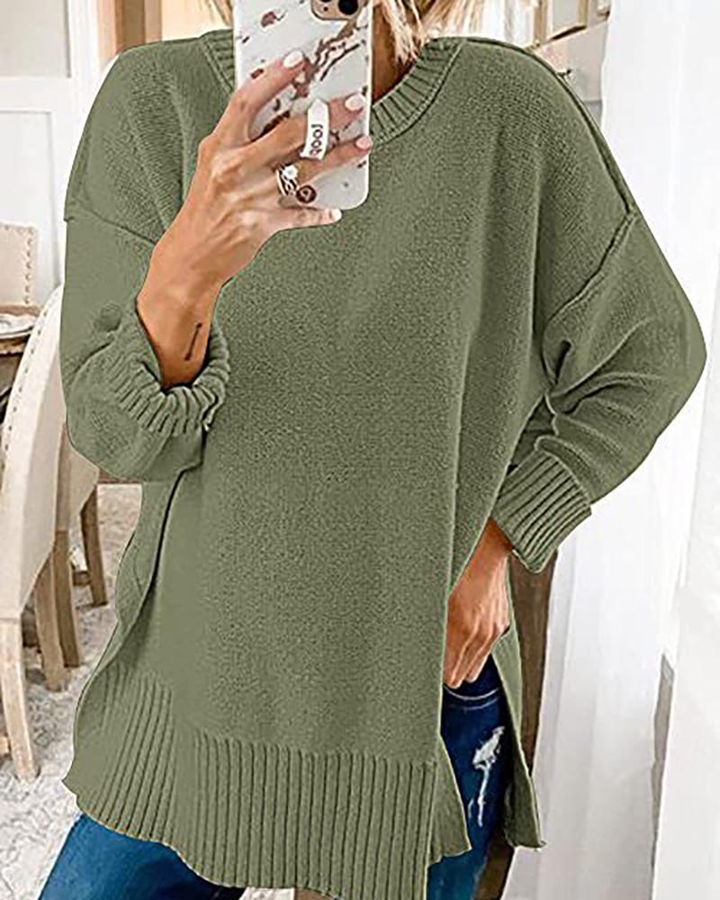 

Long Sleeve Slit Casual Sweater, Green